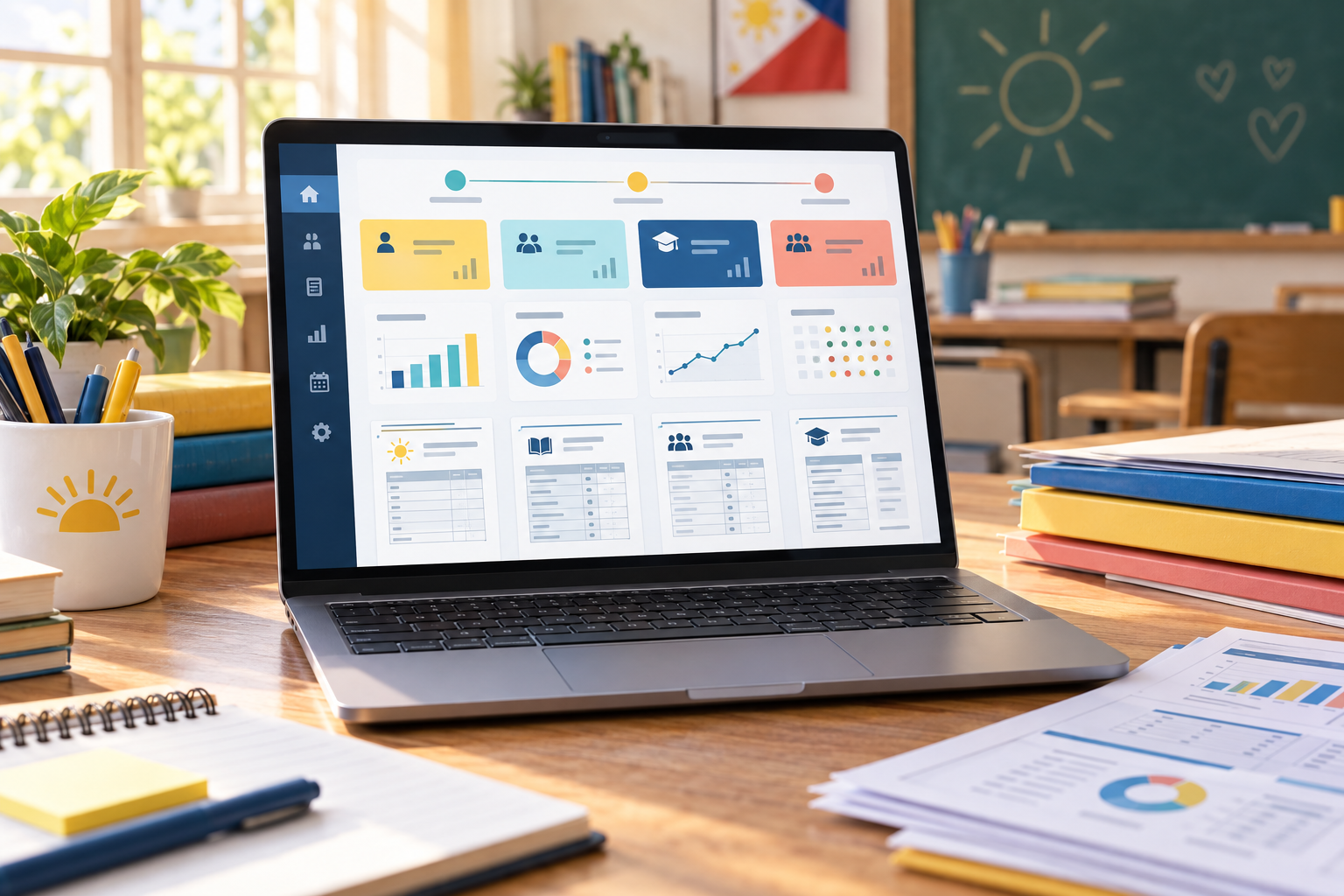 Mensis reporting dashboard visual with term progress, learner analytics and report previews