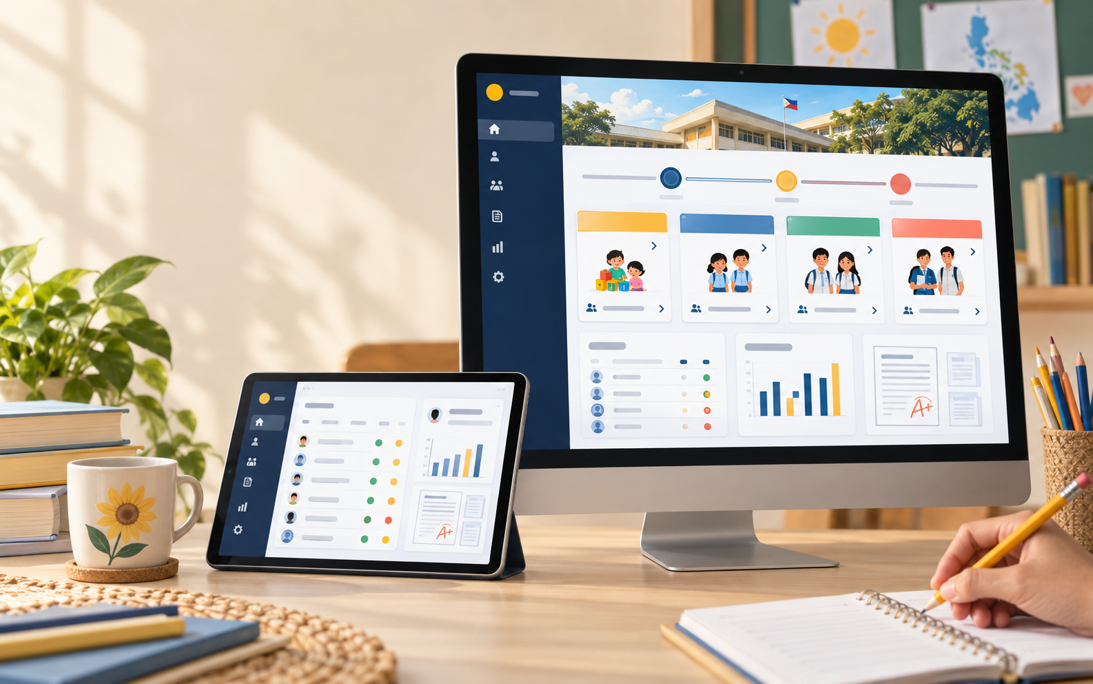 Mensis system dashboard visual showing school-level cards, learner monitoring, charts and report previews
